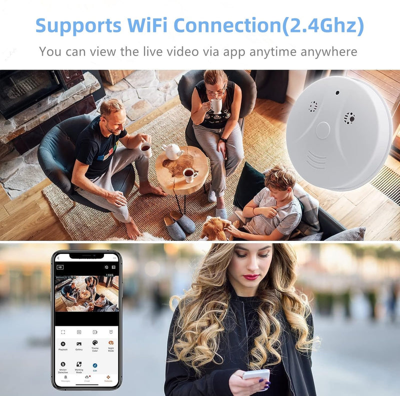 Security Camera Smoke Detector Hidden Camera 1080P WiFi Indoor Cam with Night Vision Motion Detection Real-Time Spy Camera for Home Office Safety