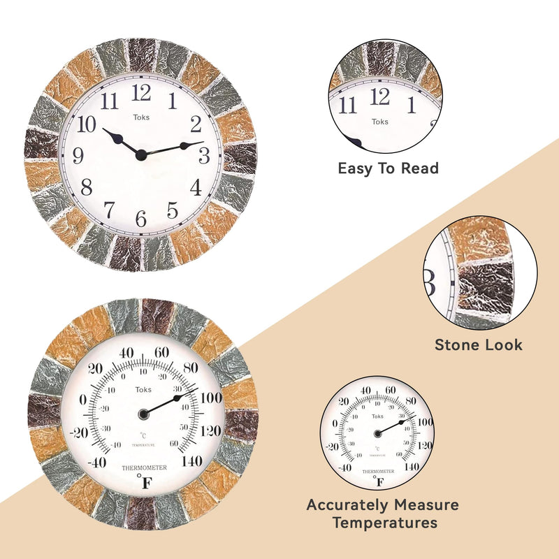 Lily's Home Indoor or Outdoor Large Hanging Wall Clock and Thermometer Set. Made of Durable Polyresin Plastic. 10" Inch Diameter. (Stone)