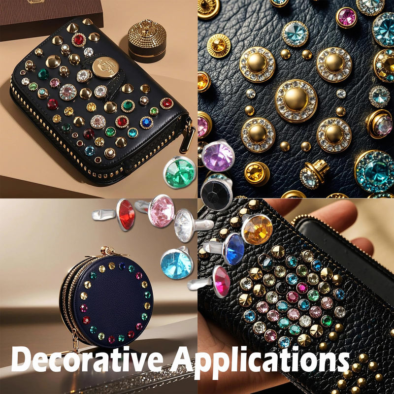 Uniquer 300 Sets 8MM Cz Crystal Rivets 10 Colors Rhinestone Rivets Studs Rapid Rivets Accessories for DIY Leathercraft Making