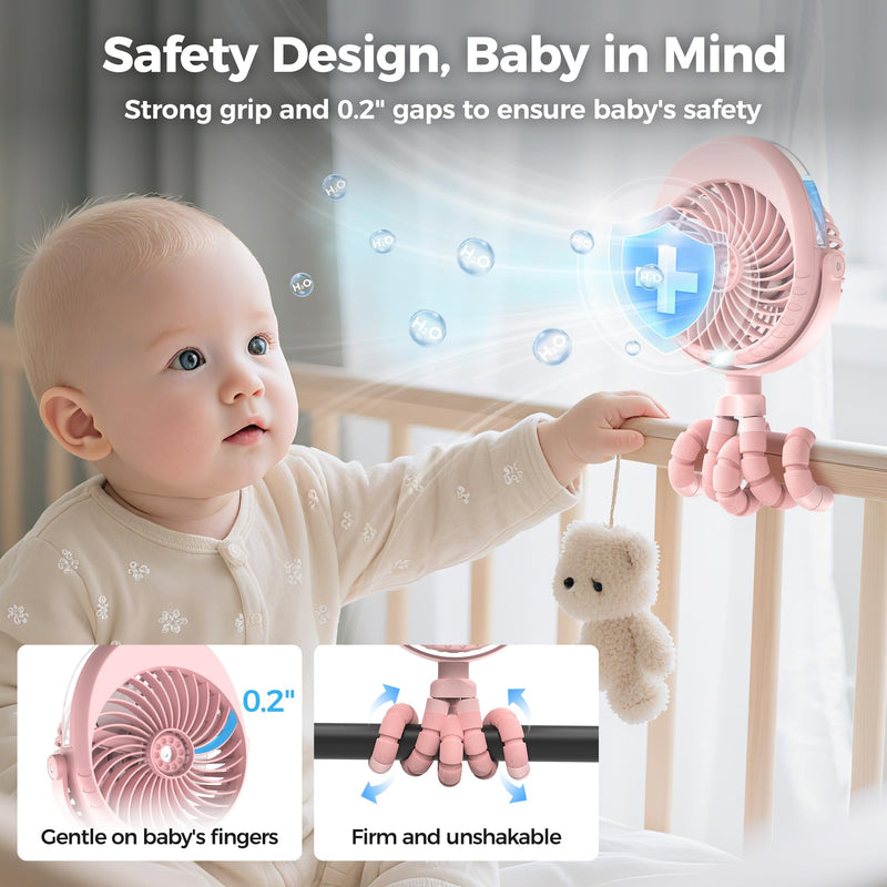 2025 Upgarded 4000mAh Misting Baby Stroller Fan, Rechargeable Battery Operated,Max 15Hrs Cooling,50ml Portable Water Sprayer Misting Fan with Flexible Tripod Clip on Car Seat Crib Treadmill Bunk Bed Pink