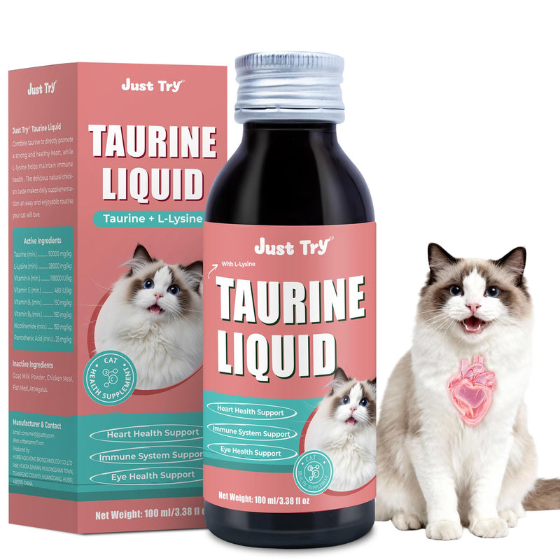Just Try 3.38 fl oz Taurine & L-Lysine Supplement for Cats - Vitamins & Taurine for Immune Support & Allergy Relief - Lysine for Sneezing, Runny Nose and Watery Eyes - 100ML Chicken Flavor