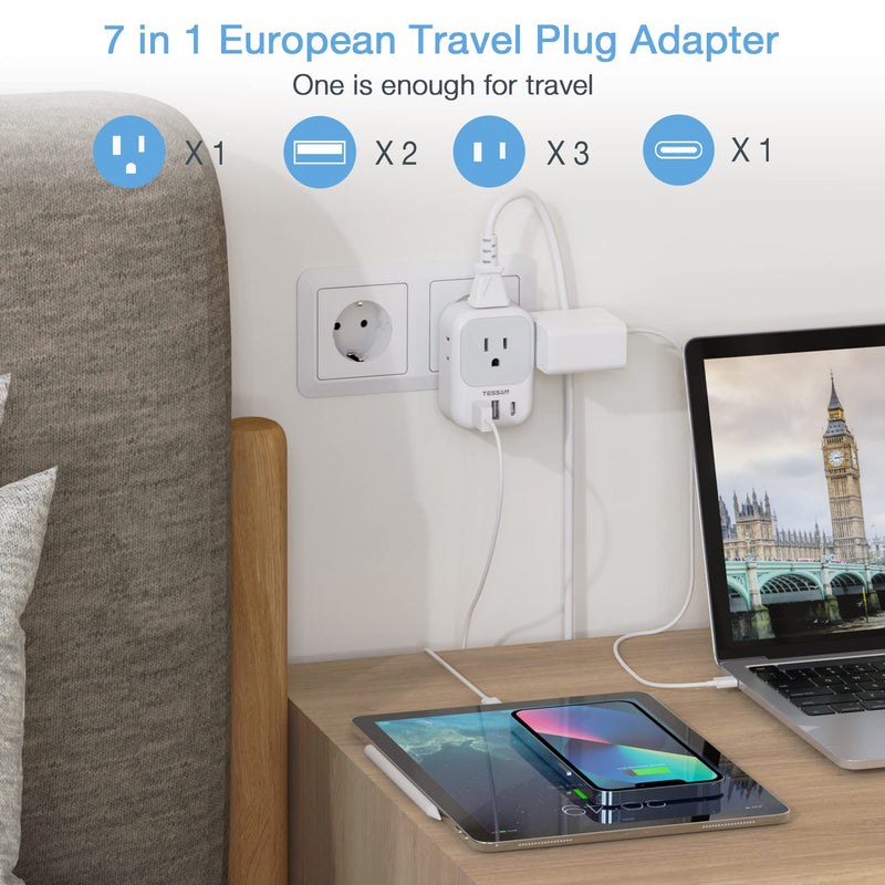 2 Pack European Travel Plug Adapter USB C, TESSAN US to Europe Plug Adapter with 4 Outlets 3 USB Charger, Type C Power Adaptor to Italy Spain France Portugal Iceland Germany, White Gray Type C-Most of Europe