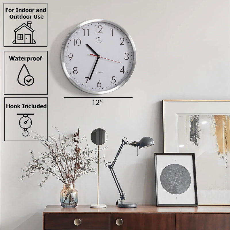 Clockswise 12" Waterproof Aluminum Wall Clock Battery Operated Precision Quartz Movement Weather Resistant Metal Frame for Indoor Outdoor Bathroom Kitchen Patio Garden Living Room Office & Home Décor