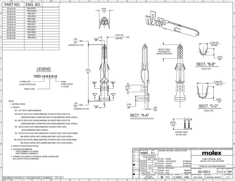 Molex Pin, Male & Female .062" 18-24 AWG, Series 1561 Tin (Sn) Plated Brass Contact (40 Pair) 40