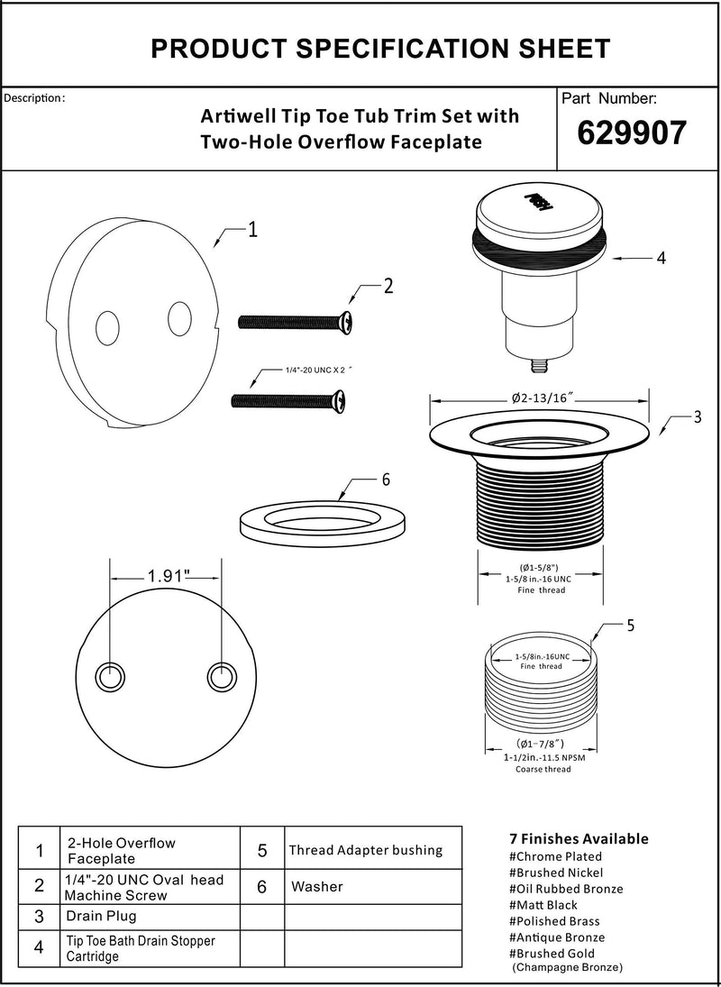 Artiwell Tip-Toe Bathtub Drains Trim Set with Two-Hole Overflow Faceplate, Replacement Bath Drain Trim Kit with 2-Hole Overflow Faceplate and Universal Fine/Coarse Thread (Chrome Plated) Chrome Plated