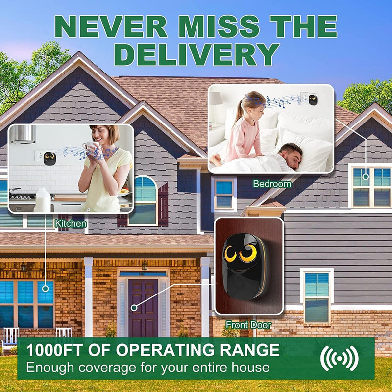 Wireless Doorbell, Cute Owl Doorbell Weatherproof IP55 Outdoor Remote Push Button- 1000 Feet Long Wireless Range, 1 Receiver + 1 Transmitter, Black 1 Receiver + 1 Transmitter - Black