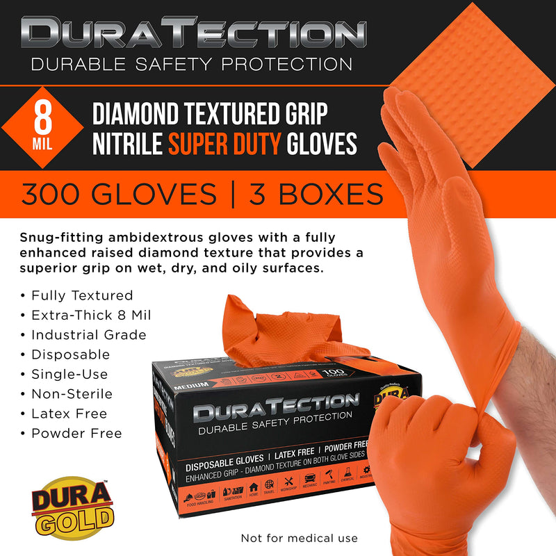 Dura-Gold Duratection 8 Mil Orange Super Duty Diamond Textured Nitrile Disposable Gloves, 3 Boxes of 100, Medium - Latex Free, Powder Free, Food Safe, Safety Protection Work Gloves, Industrial