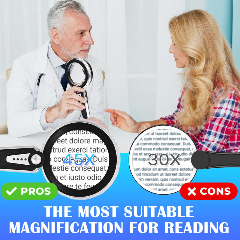 45X Magnifying Glass with Light, 4.6-Inch 1200mAh USB Rechargeable, 6 Color Modes for Low Vision Seniors, Reading, Jewelry & Coin Appraisal - Black Silver Black-silver