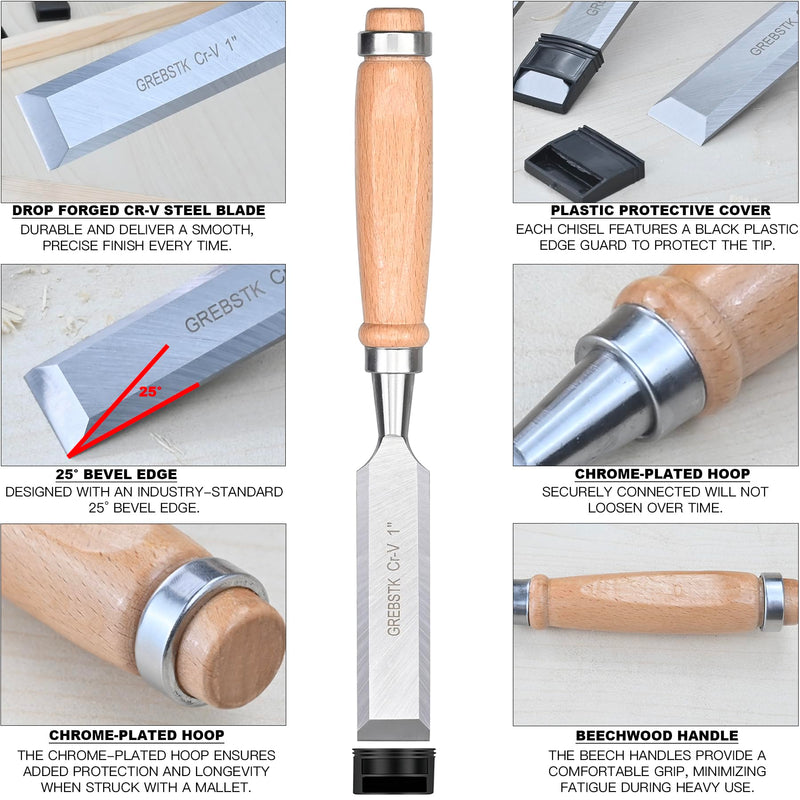 GREBSTK 9.5in Wood Chisel Set for Woodworking, 4pcs Chrome Vanadium Steel Bevel-Edge Bench Chisels with Cap, Comfortable Beech High Impact Handle 2#chisel