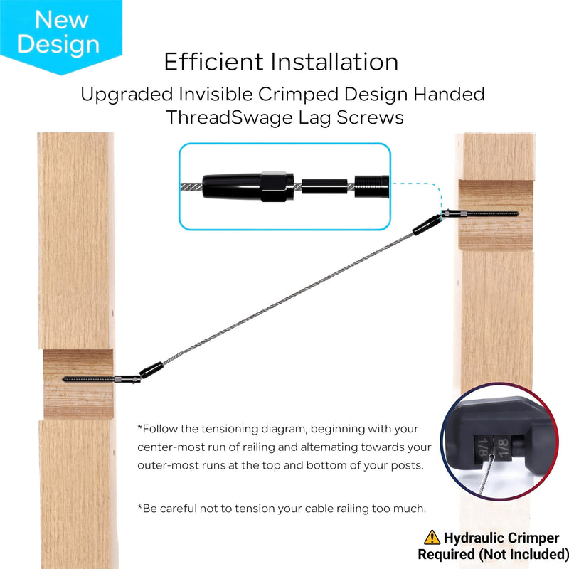 10 Pairs Black Cable Railing Kit,Invisible Crimp Fitting Cable Railing Hardware, 180°Adjustable Right&Left Handed Thread Swage Lag Screws for Wood Post of 1/8" T316 Stainless Steel,HF016BA 10
