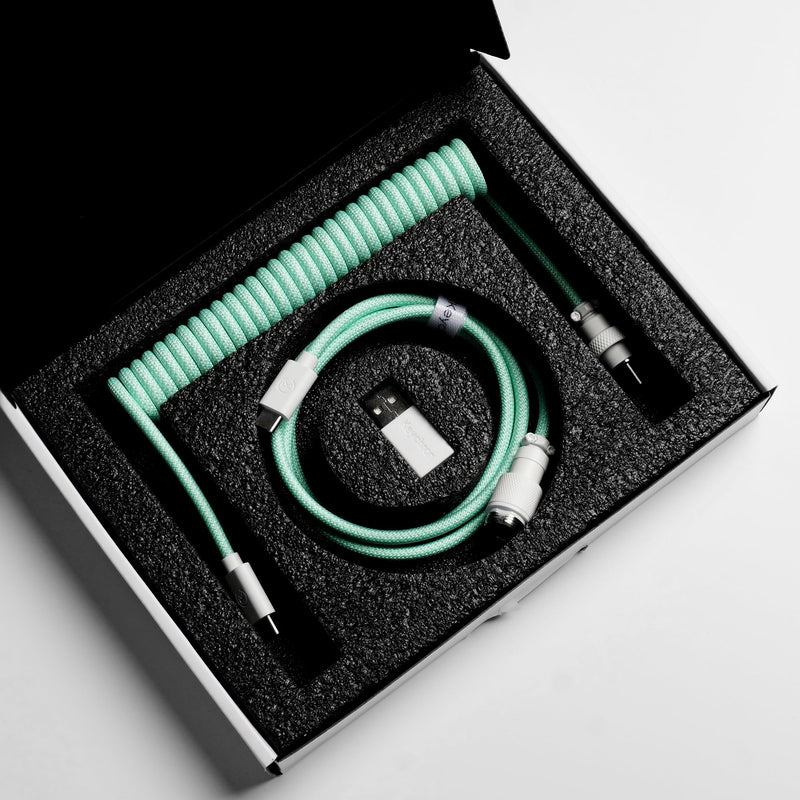 Keychron 8KHz Coiled USB-C Cable for Mechanical Keyboards, GX12 5-Pin Detachable Aviator Connector, USB-A Adapter, 176 cm / 5.77 ft Braided Cable, Charging & Data Transfer, Mint Straight Connector