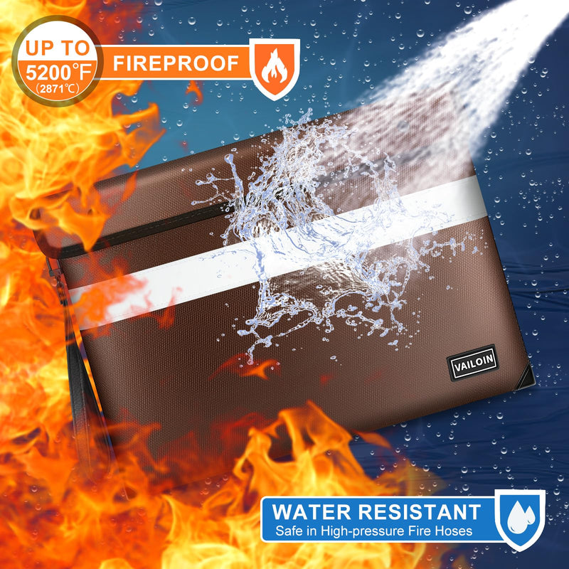Fireproof Document Bag with Water Resistant Zipper(13.9"x10.6"),5200°F Heat Insulated Fire Proof Pouch with Soft Leather Hand Strap,Fire and Waterproof Envelope for Cash,Documents,Jewelry(Coffee)