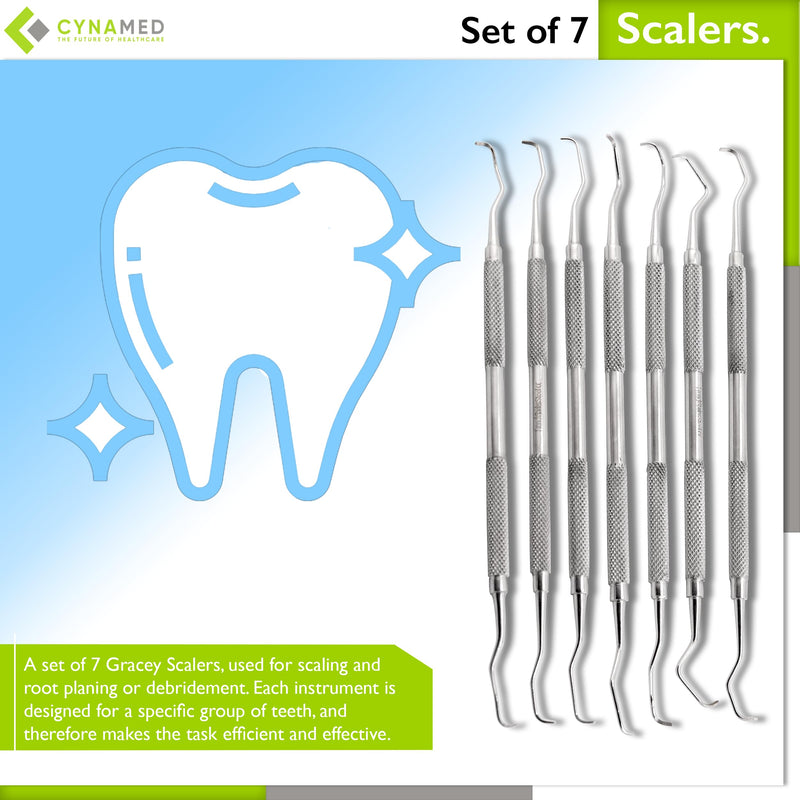 Set of 7 Cynamed Gracey Dental Curettes and Scalers - Double Ended Periodental Premium Instruments