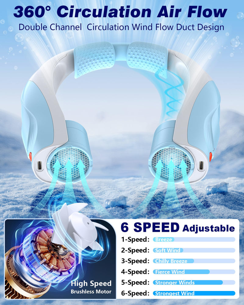 Portable Neck Fan - 6000mAh Rechargeable Personal Fan with 6 Speeds, 360° Cooling Surround Airflow, 20H Long Battery Life Hands-Free Wearable Fan for Outdoor Travel, Office, and Sports