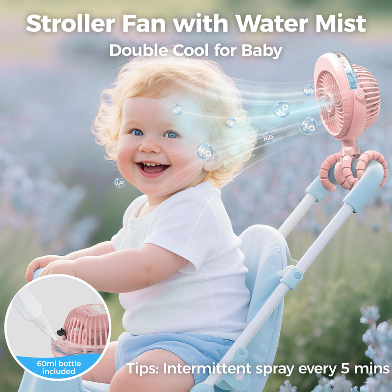 2025 Upgarded 4000mAh Misting Baby Stroller Fan, Rechargeable Battery Operated,Max 15Hrs Cooling,50ml Portable Water Sprayer Misting Fan with Flexible Tripod Clip on Car Seat Crib Treadmill Bunk Bed Pink