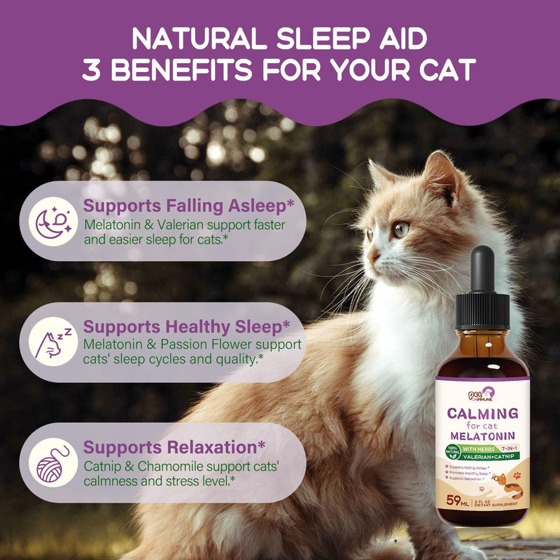 Cat Melatonin Natural Calming Drops, Support Falling Asleep & Healthy Sleep, Herbal Extract Relaxation Supplement with L-Theanine, Valerian, Catnip, Passion Flower and Chamomile. 2 oz