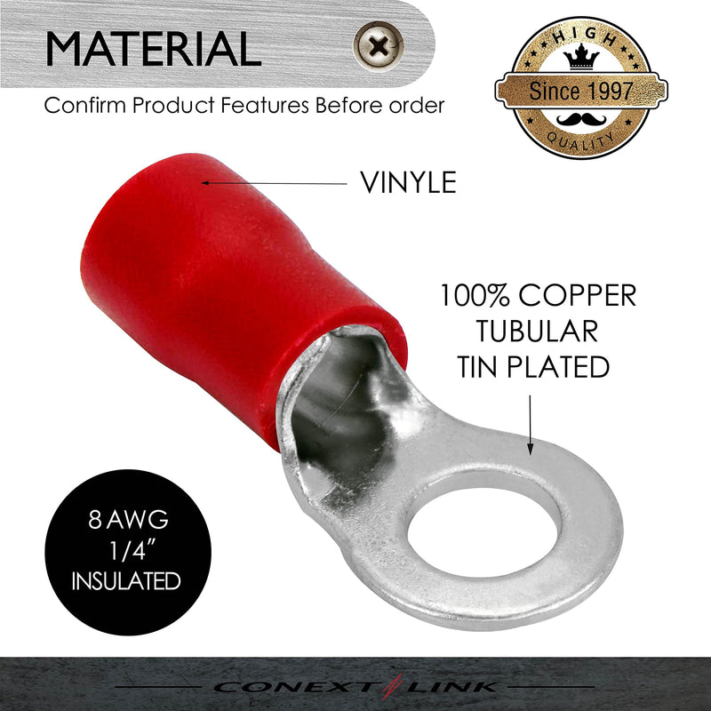 Conext Link RTV148-5 Vinyl Ring Terminal 5 Pack (1/4" Stud, Red 8 Gauge) 1/4" Stud