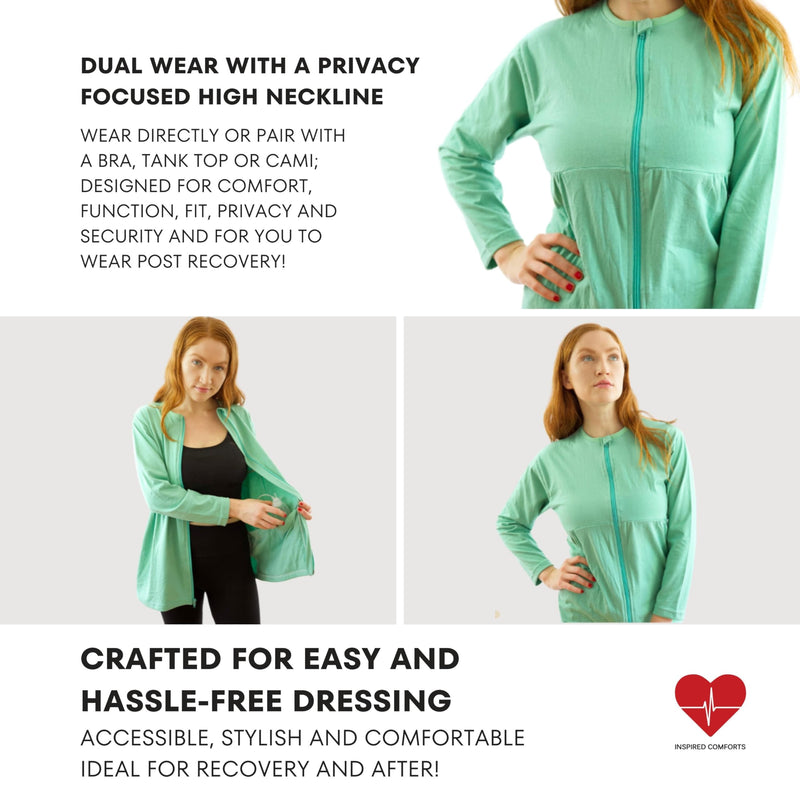 Inspired Comforts Women's Mastectomy Recovery Full Sleeves Front Open Zip Up Shirt with Drain Pockets Large Green