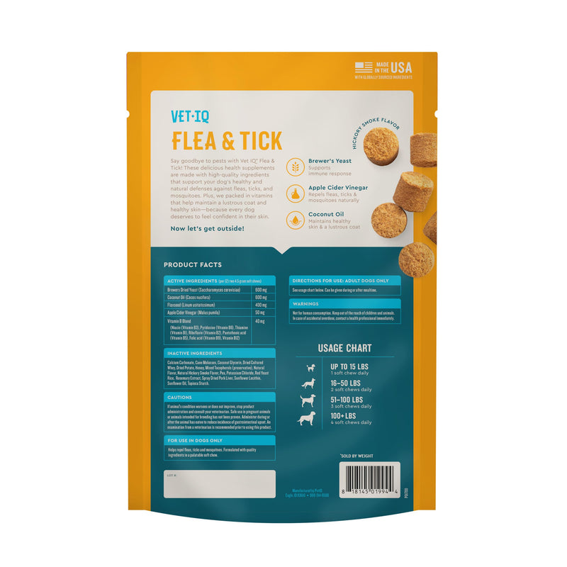 VetIQ Flea & Tick Support for Dogs, Flea and Tick Chewable, Supports Dog's Natural Flea Defenses, Free of Added Chemicals and Garlic, Hickory Smoke Flavor, 60 Count