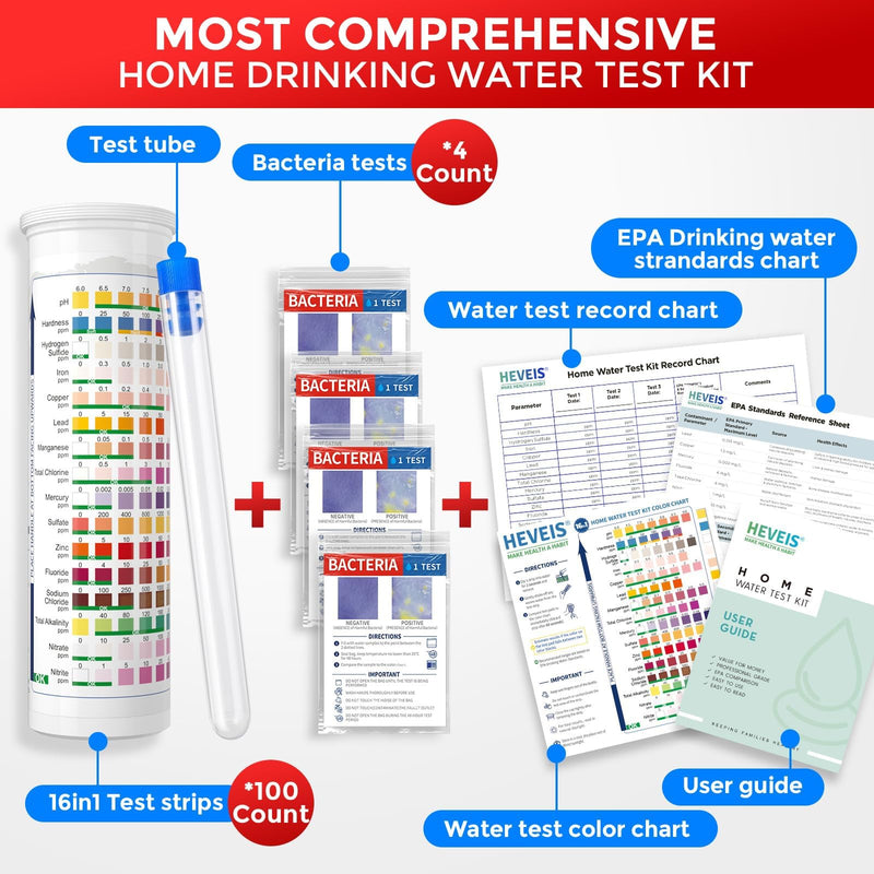 17 in 1 Home Drinking Water Testing Kit - 100 Strips + 4 Bacteria Tests - Tap and Well Water Test Kit, Easy to Test and Read for Hardness, Lead, Iron, Fluoride, pH, Copper, Bacteria and More Blue