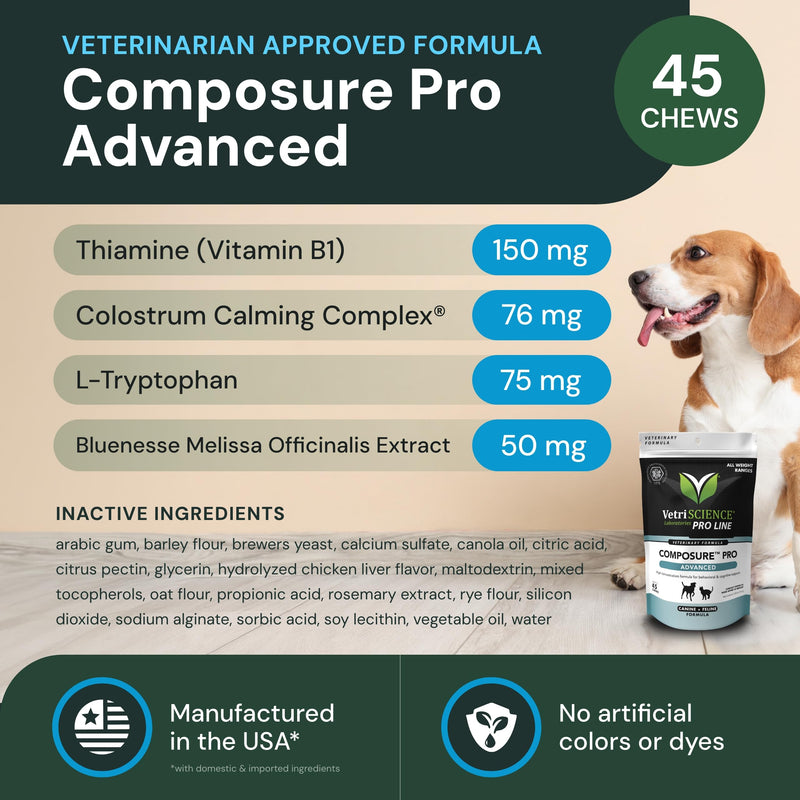 VetriScience Composure Pro Advanced - Advanced Calming Supplement for Dogs & Cats - Calming Aid Soft Chews - Chewable Calming Supplement - Advanced Calming Bite Formula - 45 Chews - PawsPlanet Australia