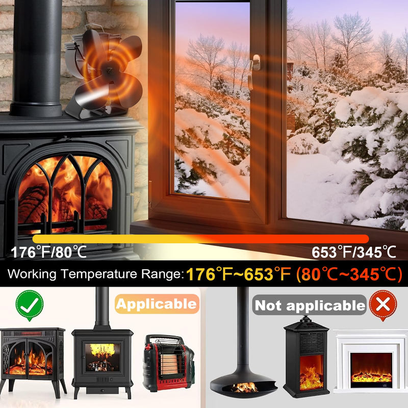 VODA Wood Stove Fan Heat Powered Fireplace Fan No Electric, Heat Activated Thermal Fan for Wood Burning Stove/Log Burner, Fireplace Accessories XX Large