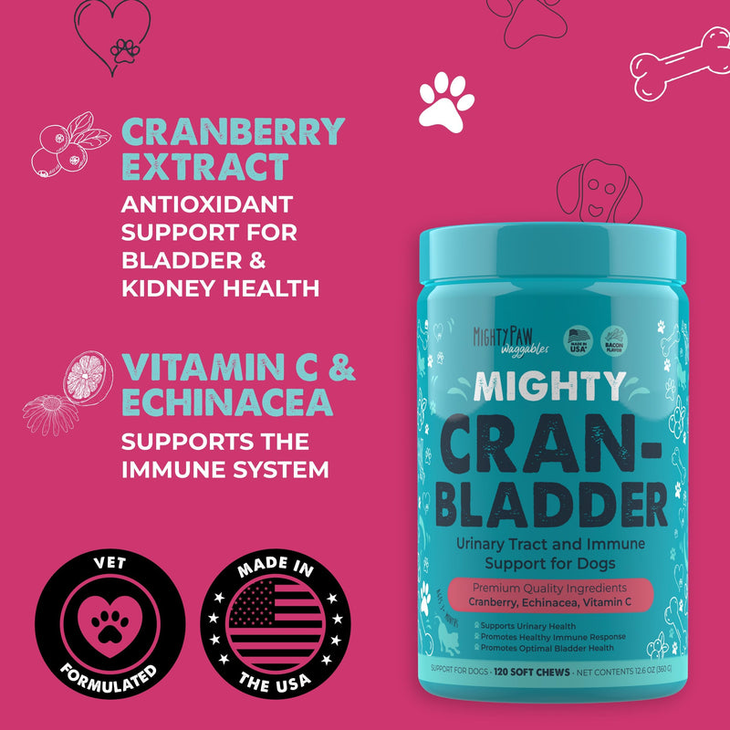 Mighty Paw Waggables Cran-Bladder (Made in The USA) 2-Pack | Vet Formulated Cranberry Supplement for Dogs – Cranberry Chews for Dogs, Urinary Tract & Bladder Support, Bacon Flavored, 240 Soft Chews