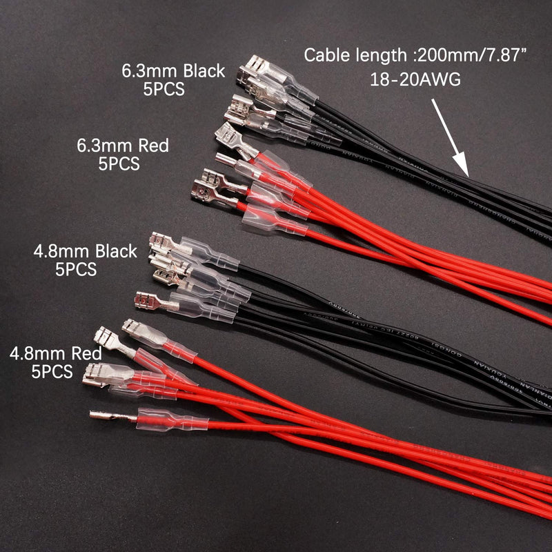 Twidec/20Pcs 4.8mm and 6.3mm Female Spade Crimp Terminal with Insulating Sleeve and Wire Red + Black Female Spade Quick Splice Assortment Kit 4.8mm+6.3mm