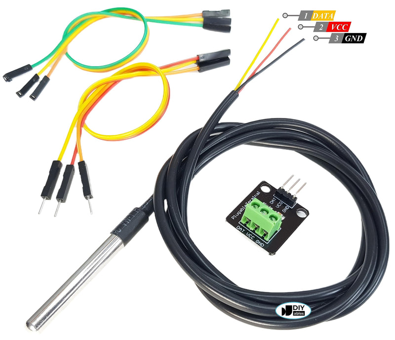 DS18B20 Temperature Sensor for Arduino, ESP32, ESP8266, Raspberry Pi, Waterproof Stainless Steel Probe, 2 Pieces With Adapter