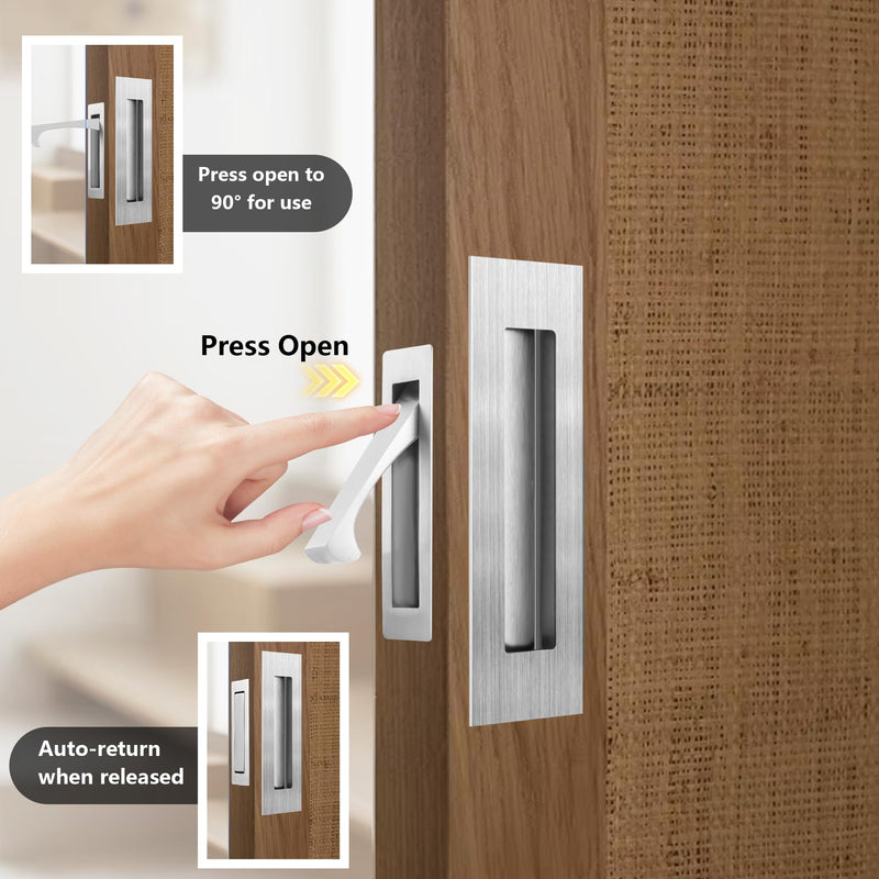 bealy Pocket Door Handles and Edge Pull Matte,Pocket Door Hardware Set, 6Inch Handles Hardware Latch,Recessed Finger Flush Pulls,for Closet,Sliding,Barn Door, 304 Stainless Steel,Brushed Nickel Brushed Nickel 1 Set（2 Recessed Pull Handle +1 Edge Handles）