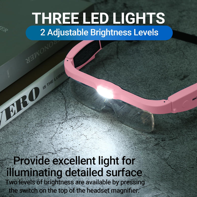 YOCTOSUN Magnifying Glasses with Light, Rechargeable Magnifying Headset with 5 Detachable Lenses 0.75X-4.0X and 3 LED Lights, Hands Free Headband Magnifier for Close Work Hobby Crafts Jewelry Pink