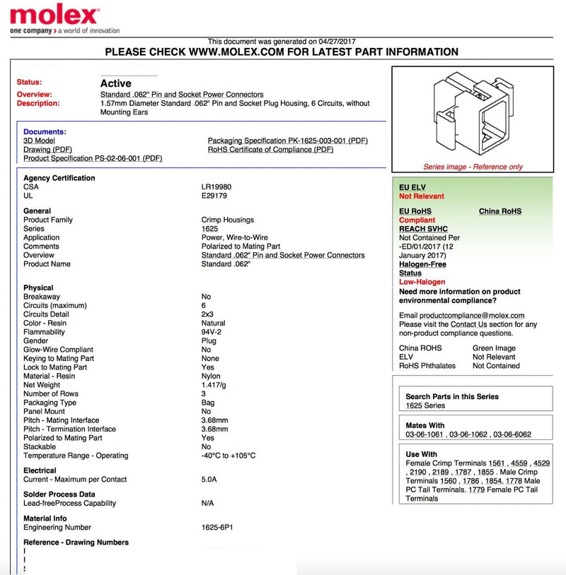Molex (9-Circuits) Male & Female Receptacle Plug, w/Terminal sockets w/18-24 AWG Standard .062" Pins, Pitch 3.68mm