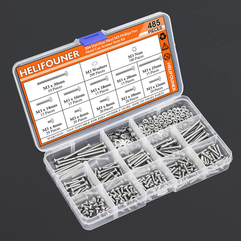 485 Pieces M3 x 4mm /6mm /8mm /10mm /12mm /14mm /16mm /18mm /20mm /25mm / 30mm, Phillips Pan Head Machine Screws, Metric Screws Bolts Washers Nuts Kit, 304 Stainless Steel 485 Pieces M3 Screw Kit