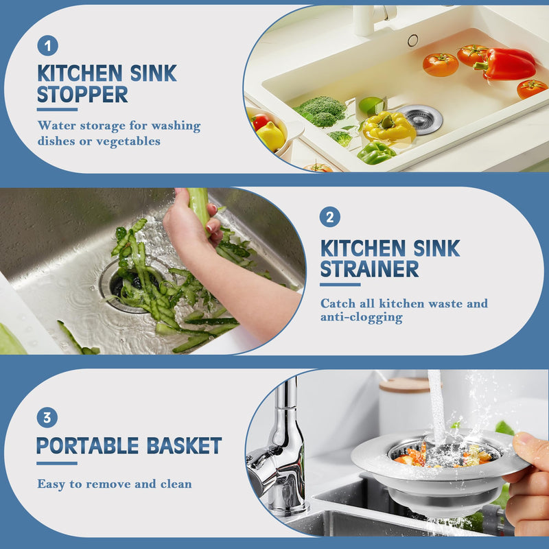Kitchen Sink Drain Strainer 3 in 1, 304 Stainless Steel Pop Up Sink Stopper, Anti-Clogging Sink Drain Strainer for US Standard Kitchen Drain (SUS304 Brushed) Sus304 Brushed