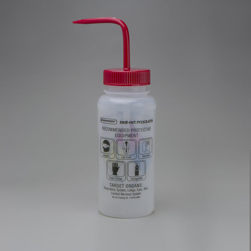 SP Bel-Art GHS Labeled Safety-Vented Acetone Wash Bottles; 500ml (16oz), Polyethylene w/Red Polypropylene Cap (Pack of 4) (F12416-0001)