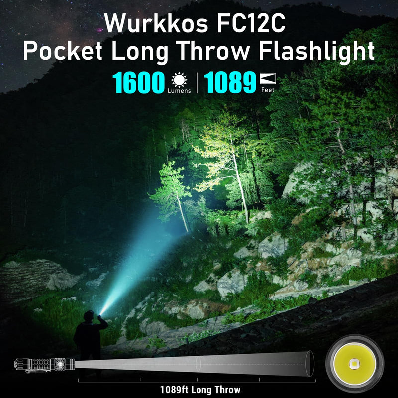 Wurkkos FC12C Tactical Flashlight 1600 High Lumens, USB-C Rechargeable LED Flashlights, 332M Long Throw Flash Light, IP68 Waterproof, Dual Switches and Constant Current Circuit for Home Camping Hiking Black