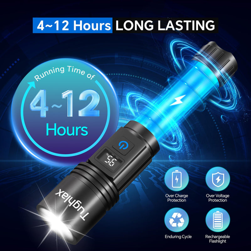 3Pack Rechargeable Flashlights High Lumens, Super Bright Flashlight with LCD Digital Display, 5 Modes Adjustable LED Flashlight Tactical Flashlights High Powered, Flash Lights for Emergency