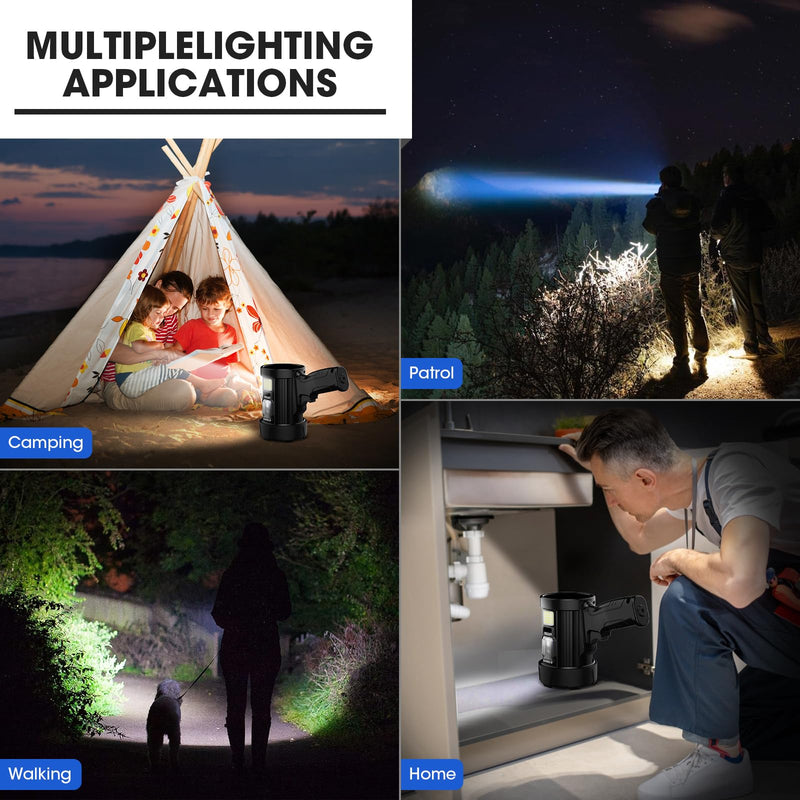 Rechargeable Spotlight, 99,000 Lumens Super Bright Handheld Led Flashlight, Outdoor Spot Light with Cob Light and Solar Panelsfor Boating Camping