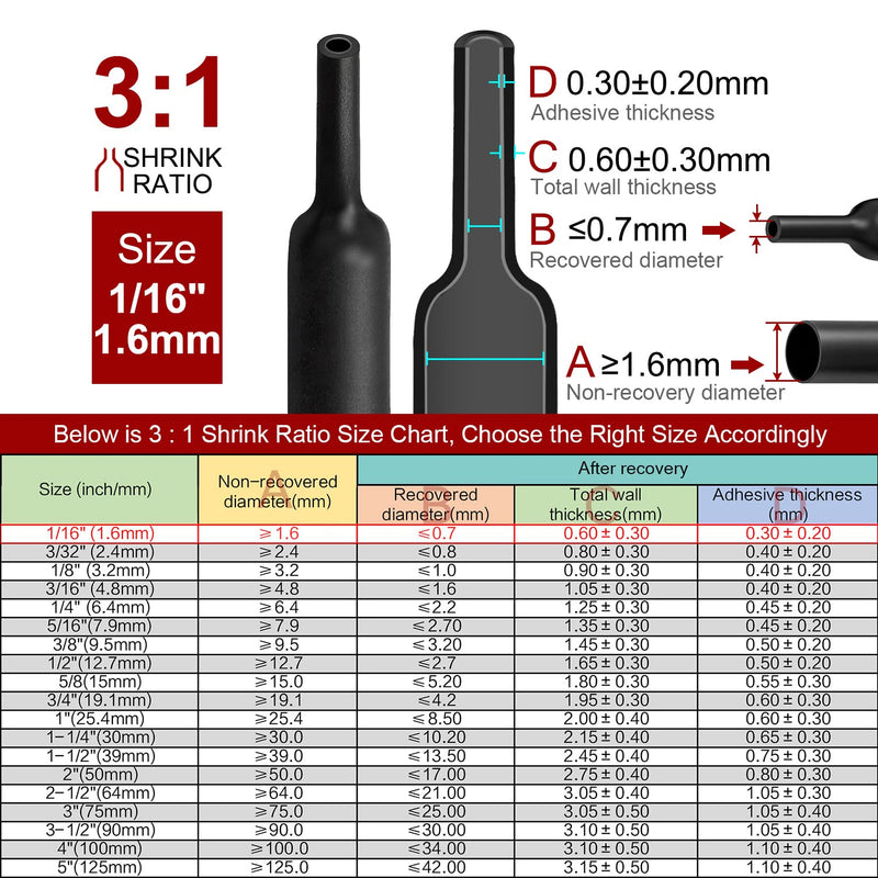 Chanzon 3:1 Ratio 1/16" (1.6mm) Heat Shrink Tubing - Marine Grade Waterproof Adhesive Lined - 8Ft Roll (2.5M Total Length) Black Polyolefin Sleeving Wrap Shrinking 3 to 1 Ratio 1pcs 1.6mm (1/16") - 8FT