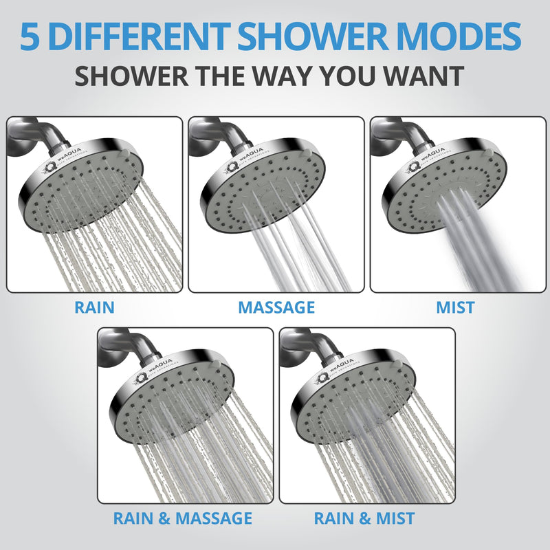 weAQUA Shower Head High Pressure 2 PACK – 4.5 Inch, 5 Spray Modes, 72 Anti-Clog Nozzles, Easy 1-Min Installation, Fixed Shower Heads for Powerful Bathroom Upgrade (STD-SHWR-HD02) 2 Pack - Chrome