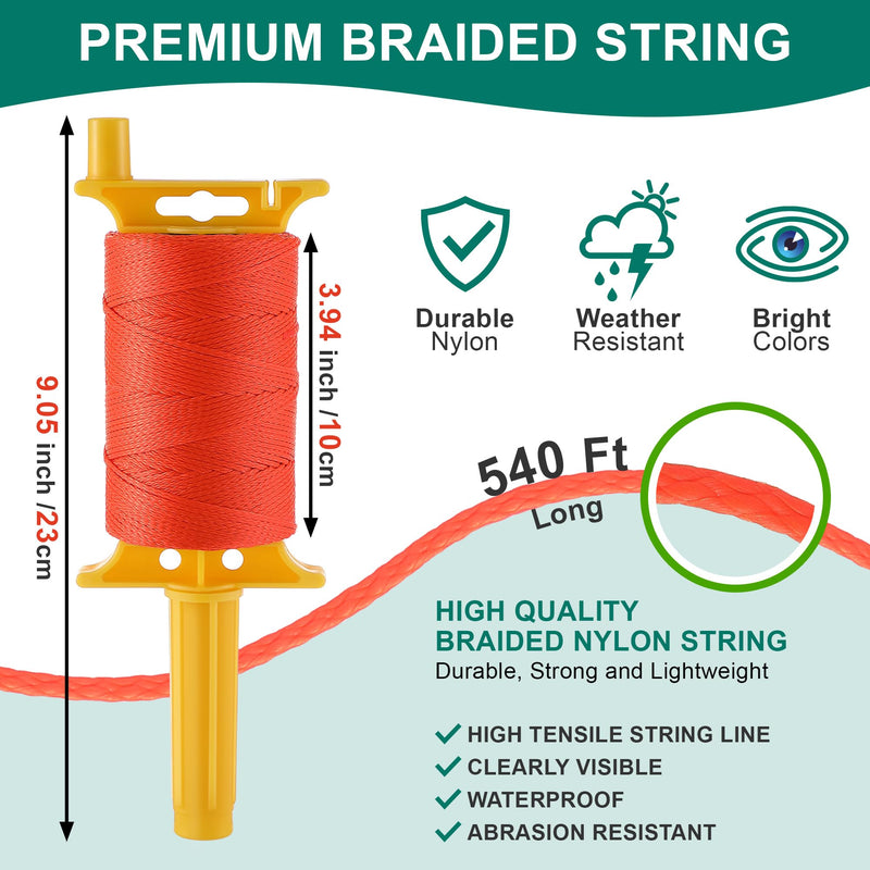 2 Pack Mason Line with Handle, Twisted 540 FT #18 Reloadable Line Reel with 10 Built in Levels, Braided Nylon Construction String Line for Gardening, Masonry Tools, String Level or Kite Twine String