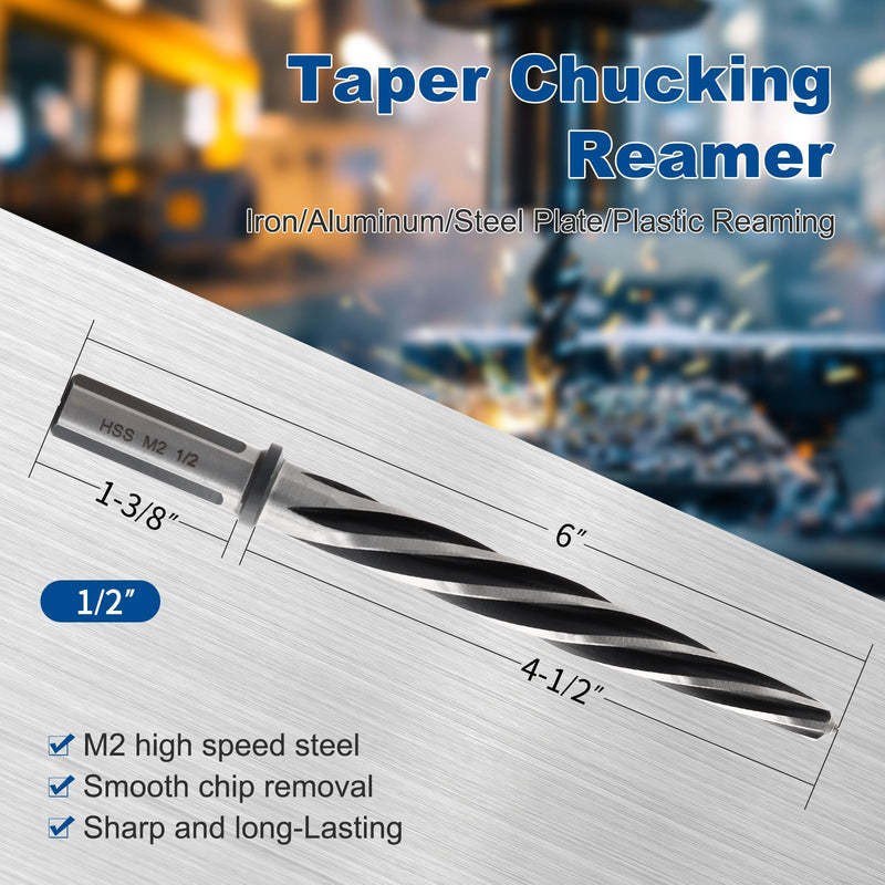 Rocaris 1/2" M2 HSS Taper Chucking Reamer Drill Bit, Taper Reamer Drill Bit for Steel, Alloy, Aluminum, Wood, Plastic 1/2 in