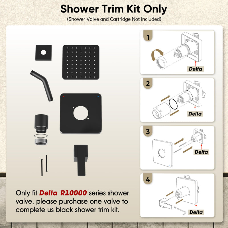 Replacement for Delta Faucet Shower Trim Kit 14 Series, Bathroom Shower Faucet Set with 6-Inch Matte Black Shower Head（Valve/Cartridge Not Included）