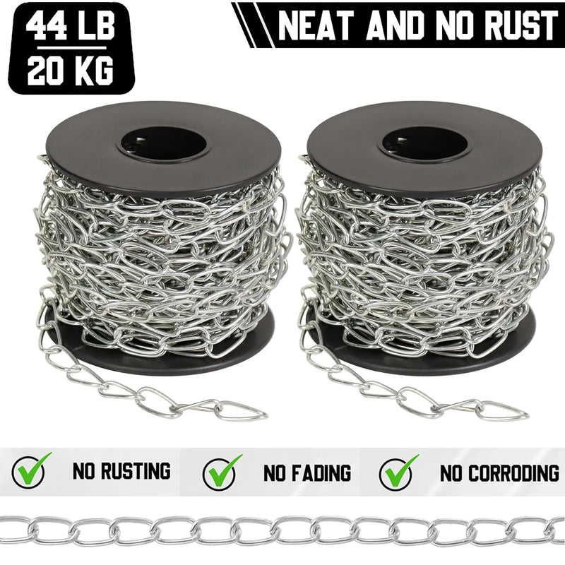 2Pack Jack Chain with Spool, 60Ft Totally Galvaniz Iron Hanging Chain, Metal Link Chain for Hanging Plants, Bird Feeders, Overhead Lights, Silver