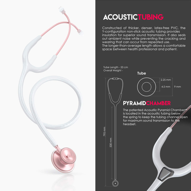 MDF Instruments, Acoustica Lightweight Stethoscope for Doctors, Nurses, Students, Home Health Use, Adult, Dual Head, White Tube, Rosegold (Matte Finish) Chestpiece-Headset, MDF747XPRG29 RoseGold (Matte) - White