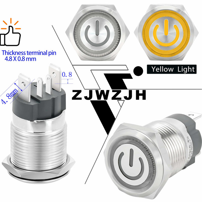 UL Listed 15Amp 16mm Latching Push Button Switch 12V-24VDC IP67 Waterproof; SPST 1NO, with LED Angel Eye Light; Stainless Steel 304 with Wire Socket Blue Latching, 12V-24V 5
