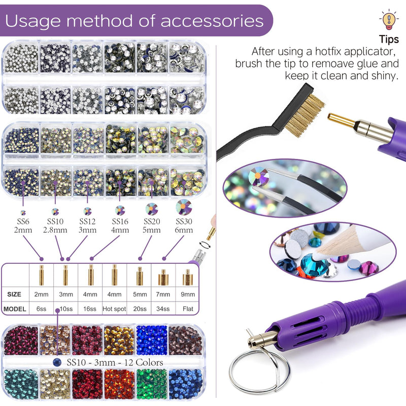 Hotfix Rhinestones Applicator Kit Set 4500 Pcs Crystals (White/AB/Multi-Color) - Bedazzler DIY Craft Includes 19 Pattern Templates, Tweezers, Brush, Storage Bag - for Clothes, Fabric, Jeans (Purple) Purple