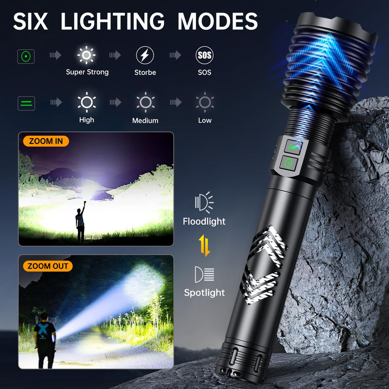 Rechargeable Flashlights 600,000 High Lumens, Super Bright LED Flashlight with Long Handle, Large Capacity Battery, Zoomable & 6 Modes, Waterproof Handheld Flashlight for Camping Emergencies Home