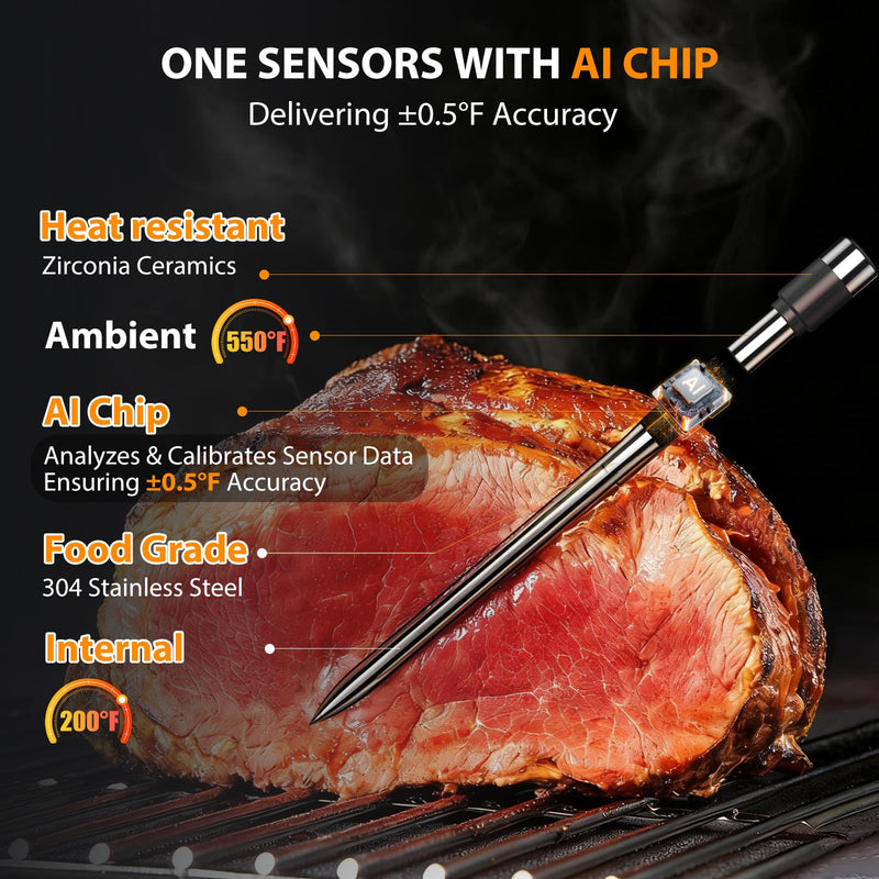 AI Smart Wireless Meat Thermometer, 10X Enhanced Signal and Stability, with High-Accuracy Sensors, Standalone Display Base, Instant Read LCD & App Control for Kitchen,BBQ,Oven,Grill,Air Fryer 1-Probe Kit