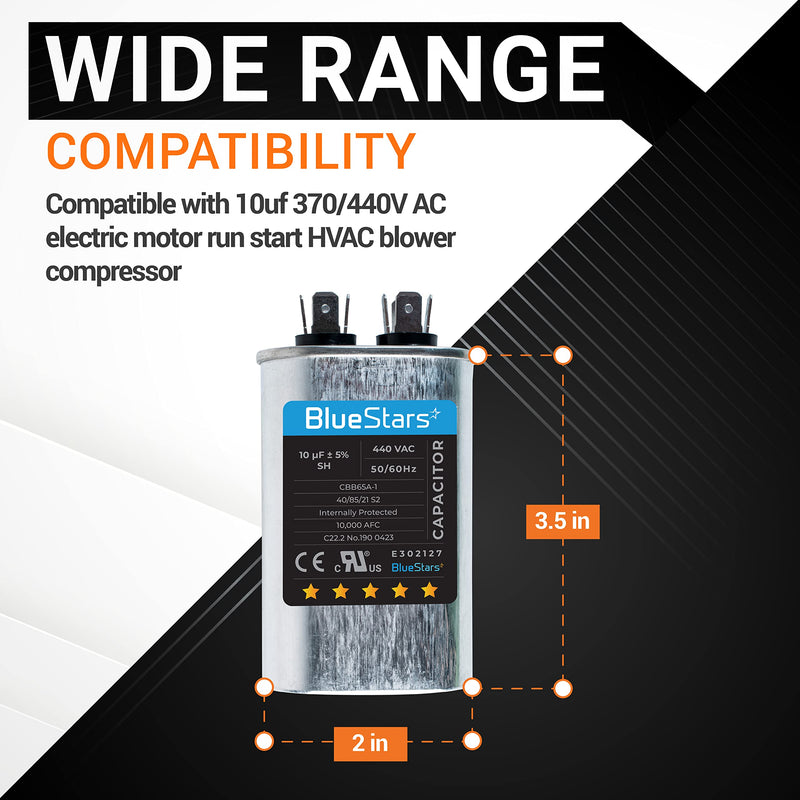 BlueStars Upgraded Version 10 uF MFD ±5% 370/440V CBB65 Oval Run Start Capacitor Replacement Part - Fit for AC Motor Run or Fan Start and Cool or Heat Pump Air Conditioner - Lifetime Up to 30.000 hrs 10 MFD